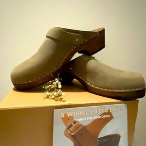 High Heel Classic Clog in Taupe Oiled Nubuck on Brown Base with Strap